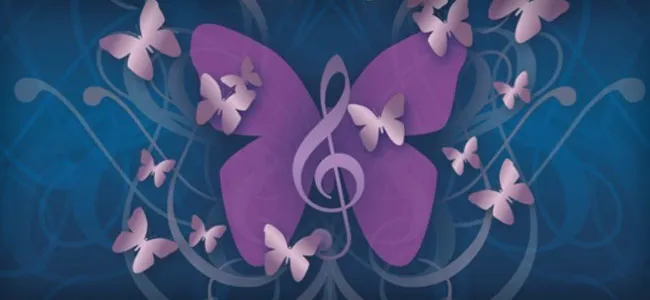 a purple butterfly with a treble clef symbol on a dark blue background