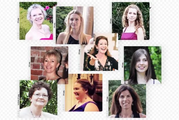 Nine female choral singers pictured in separate dialogue boxes, as if arranged on a computer screen